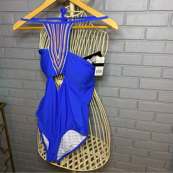 Marilyn Monroe Halter Swimsuit Crochet Detail Blue and Orange Size Large NWT - Picture 2 of 8